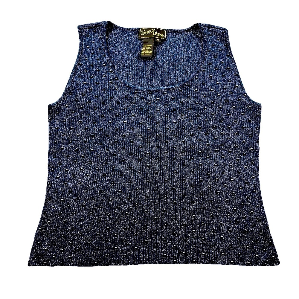 Vintage Christine Phillipe Metallic Ribbed Beaded Tank Top Women's M‎ Blue